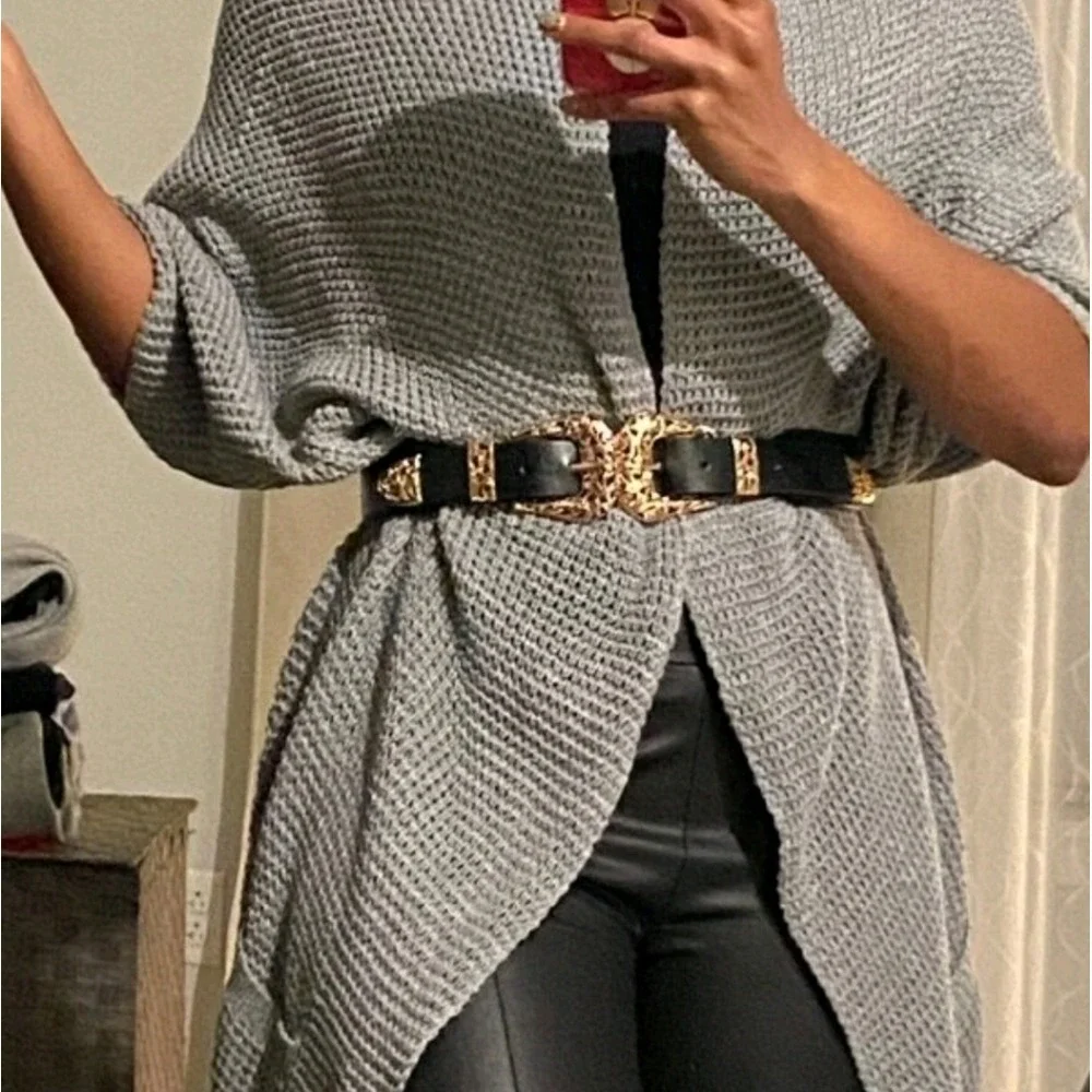 Western Black Double Buckle wide Waist Belt Faux leather Gold Boho Statement